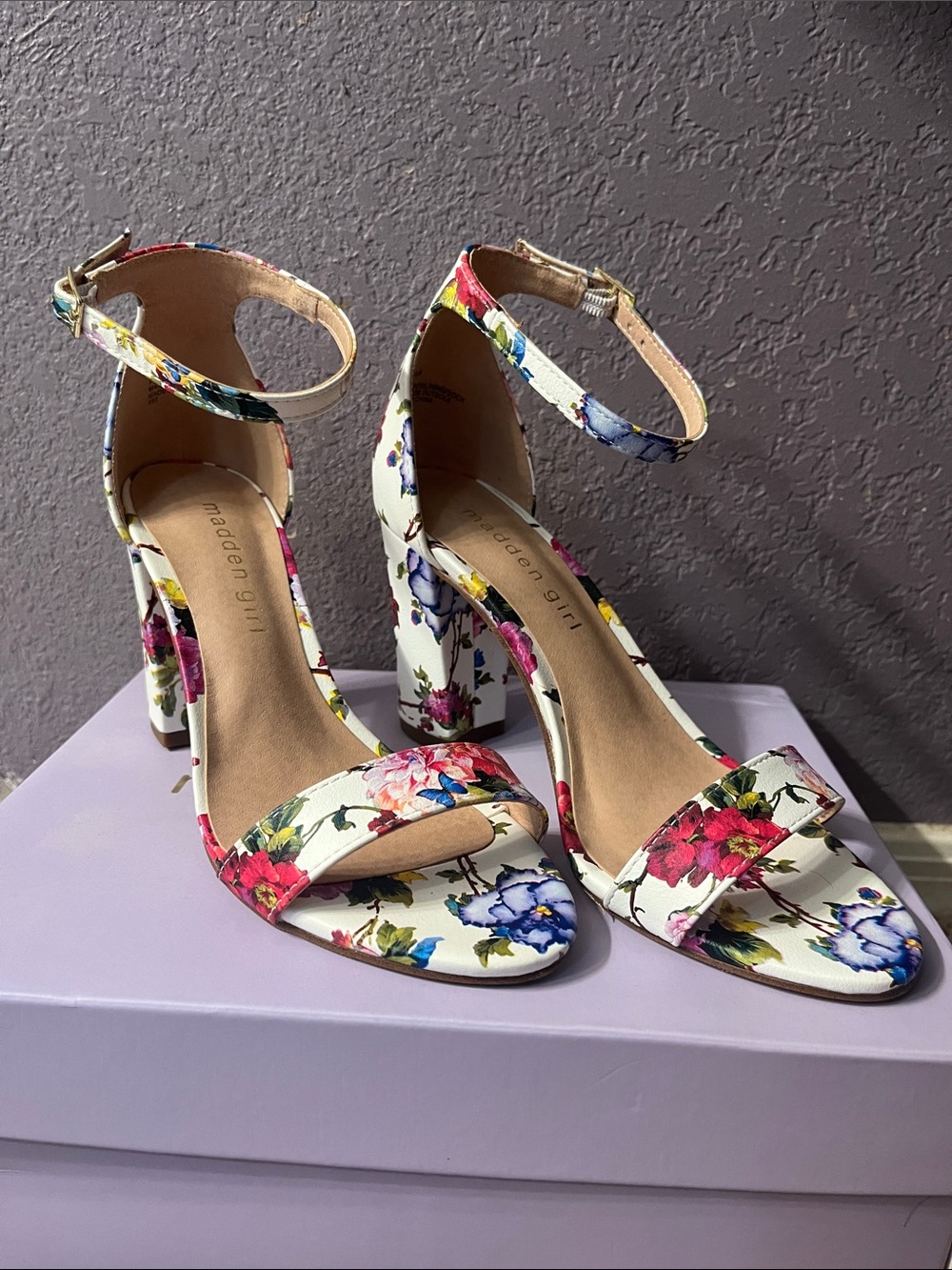 Madden Girl White Floral Ankle-Strap Block Heels